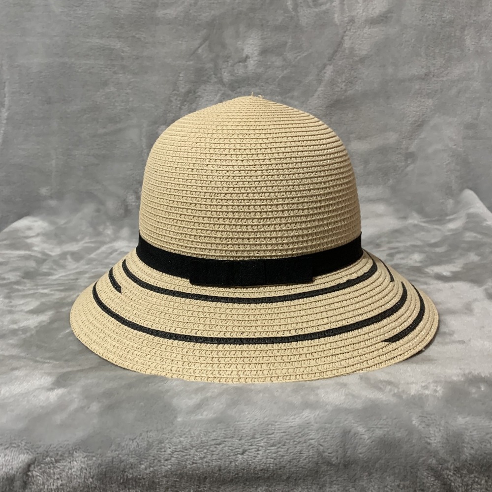 Magid Women's Straw Sun Hat Floppy Bucket Beige Black Ribbon Bow Striped Beach
